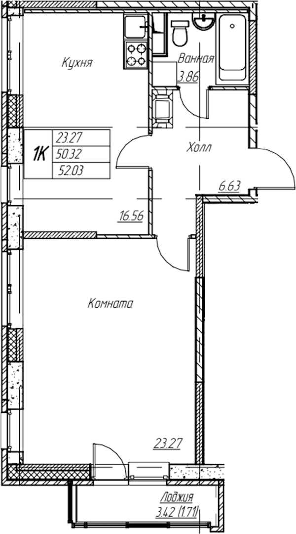 1-комнатная квартира 52.03 м², 19/22 эт., ЖК «Парк-квартал Юнтолово»